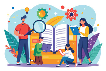 Diverse group of individuals closely examining a book using a magnifying glass, People reading and searching on the user manual guide book, Simple and minimalist flat Vector Illustration