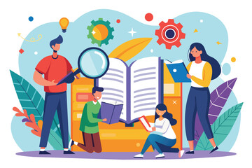 Diverse group of individuals closely examining a book using a magnifying glass, People reading and searching on the user manual guide book, Simple and minimalist flat Vector Illustration