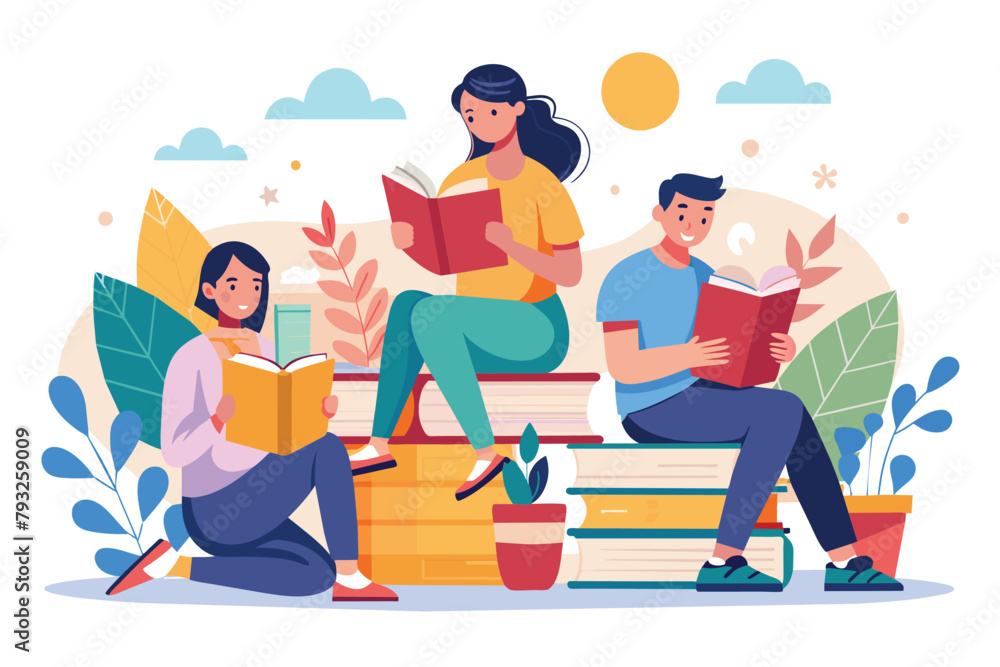 Poster diverse group of people engaged in reading and studying while sitting atop a stack of books, people 
