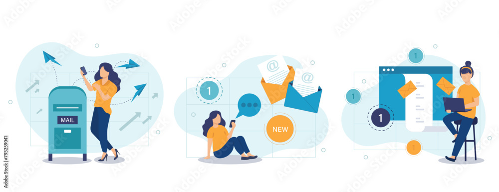 Wall mural email service web concept with people scenes set in flat style. bundle of online communication progr