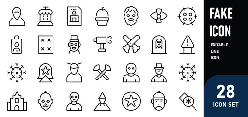 Set of outline icons related to fake. Linear icon collection. Editable stroke. Vector illustration