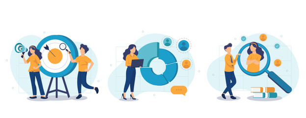 Focus group web concept with people scenes set in flat style. Bundle of market research of audience, aim at group, analyzing data and customer behavior. Vector illustration with character design - obrazy, fototapety, plakaty