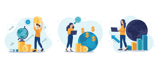 Global economic web concept with people scenes set in flat style. Bundle of world markets research, financial statistics, developing international business. Vector illustration with character design