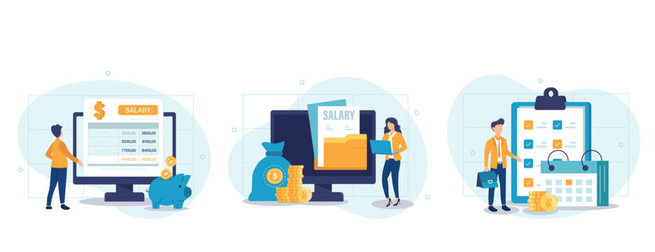 Financial administration set. Business accounting, organization and audit concept. Characters calculating and filling salary pay slip and payroll report. Vector illustration.