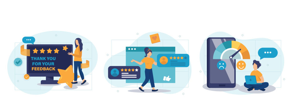 Feedback page web concept with people scenes set in flat style. Bundle of customer satisfaction, high rating stars and likes, positive client experience. Vector illustration with character design