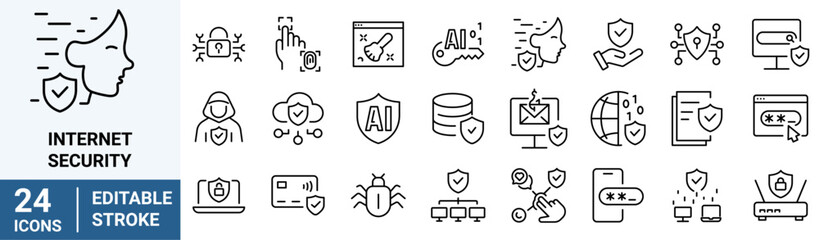 Internet security web icons in line style. Security, privacy, information, data, protect, cyber lock, unlock, shield, key. Vector illustration.