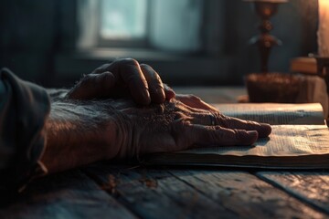 Person's hand resting on an open book. Suitable for educational or reading concept