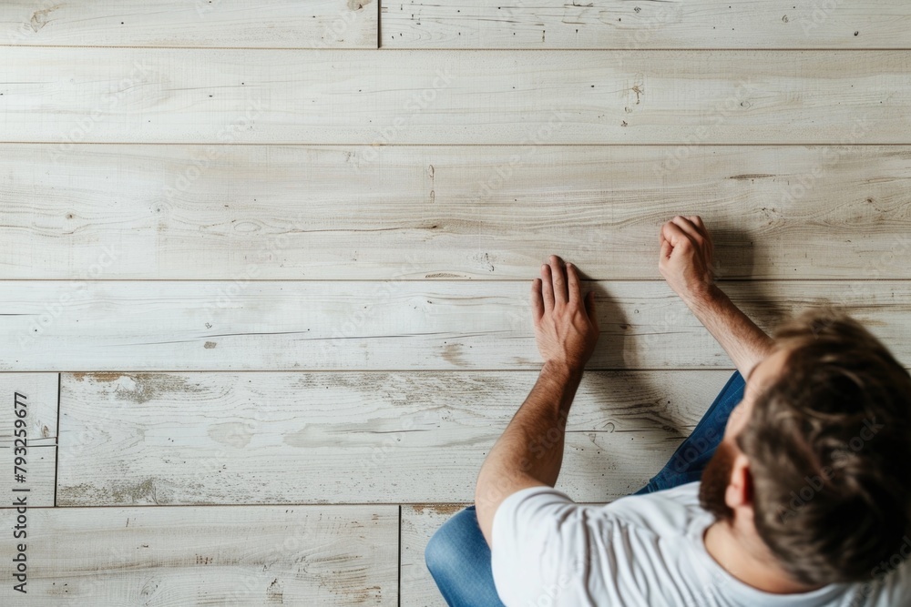 Poster a man sitting on a wooden floor, versatile image for various concepts