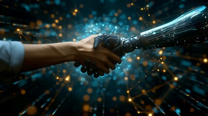 Unity in Innovation: A Handshake Between Human and Robot Against the Data Cosmos. Step into a vision of unity and technological advancement with this ultra