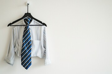 A professional shirt and tie hanging on a hanger. Suitable for business and fashion concepts