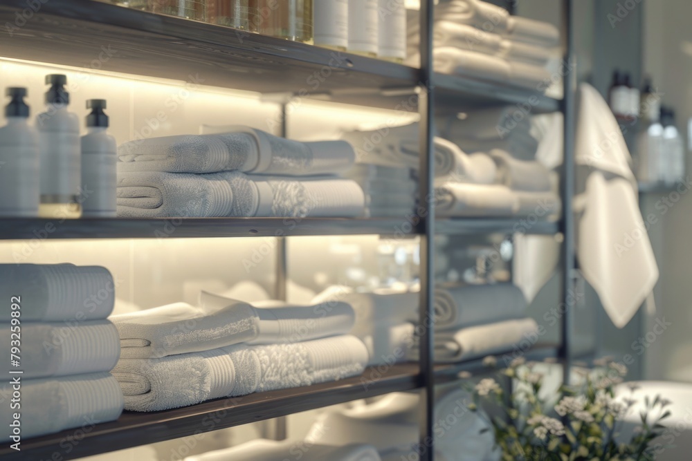Poster a bathroom shelf filled with neatly folded towels. perfect for home decor or interior design project