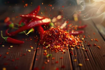 Fotobehang A pile of red chili peppers on a wooden table. Perfect for food and cooking related projects © Fotograf