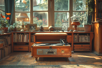 A vintage record player spinning vinyl records in a cozy living room, transporting listeners back...