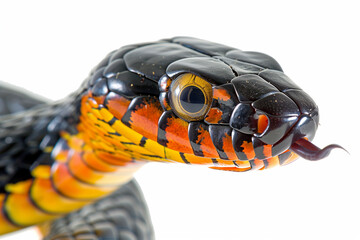Venomous Eastern coral snake - Micrurus fulvius - close up macro of head, eyes, tongue. Side view of whole snake with great scale detail isolated on white background - 793259887