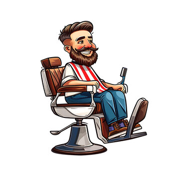 recommend clip art: Cheerful cartoon barber sitting relaxed in a classic barbershop chair, sporting a trendy beard and glasses. Generative AI