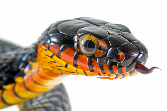 Venomous Eastern coral snake - Micrurus fulvius - close up macro of head, eyes, tongue. Side view of whole snake with great scale detail isolated on white background