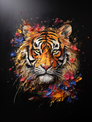 Tiger on black background impasto oil painting in impressionism style, wide brush stroke. Acryl illustration for poster, banner, print.
