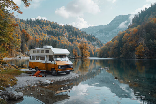 A vintage camper van parked beside a tranquil lake, offering a glimpse into the nomadic lifestyle of the 1970s. Concept of nostalgic camping culture. Generative Ai. - Powered by Adobe