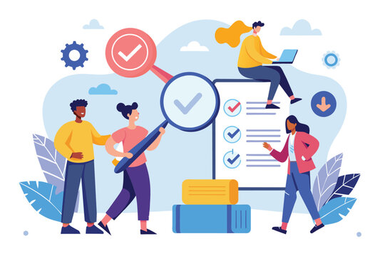 Group of individuals closely scrutinizing a detailed checklist using a magnifying glass, people search and contract approval trending, Simple and minimalist flat Vector Illustration