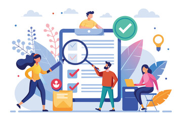 People Examining Checklist Through Magnifying Glass, people search and contract approval trending, Simple and minimalist flat Vector Illustration