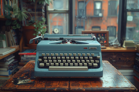 A vintage typewriter clacking away in a writer's study, capturing the tactile experience of analog writing. Concept of nostalgic literary creation. Generative Ai.