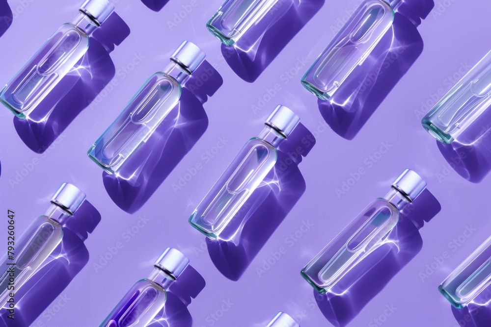 Poster bottles of water arranged on a purple surface, suitable for hydration or health-related concepts