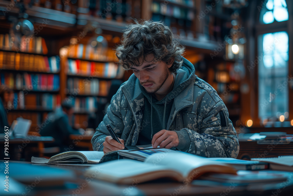 Aufkleber a student flipping through textbooks and taking notes, illustrating the dedication and diligence req