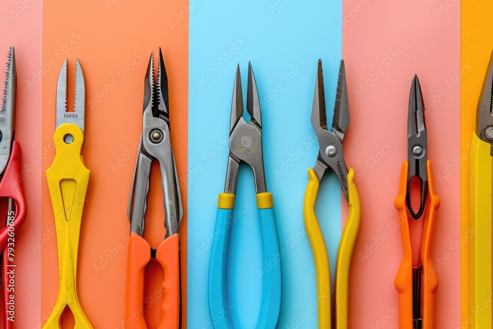 Poster various types of scissors on vibrant backdrop, suitable for crafts or school projects