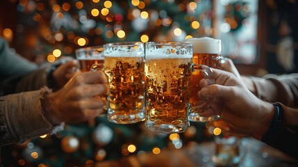 People toast with beer mugs by the Christmas tree