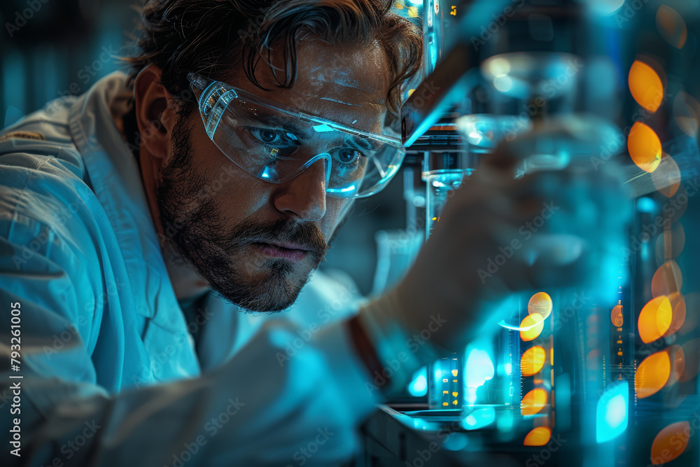 Poster a scientist conducting experiments in a laboratory, pushing the boundaries of knowledge and discover