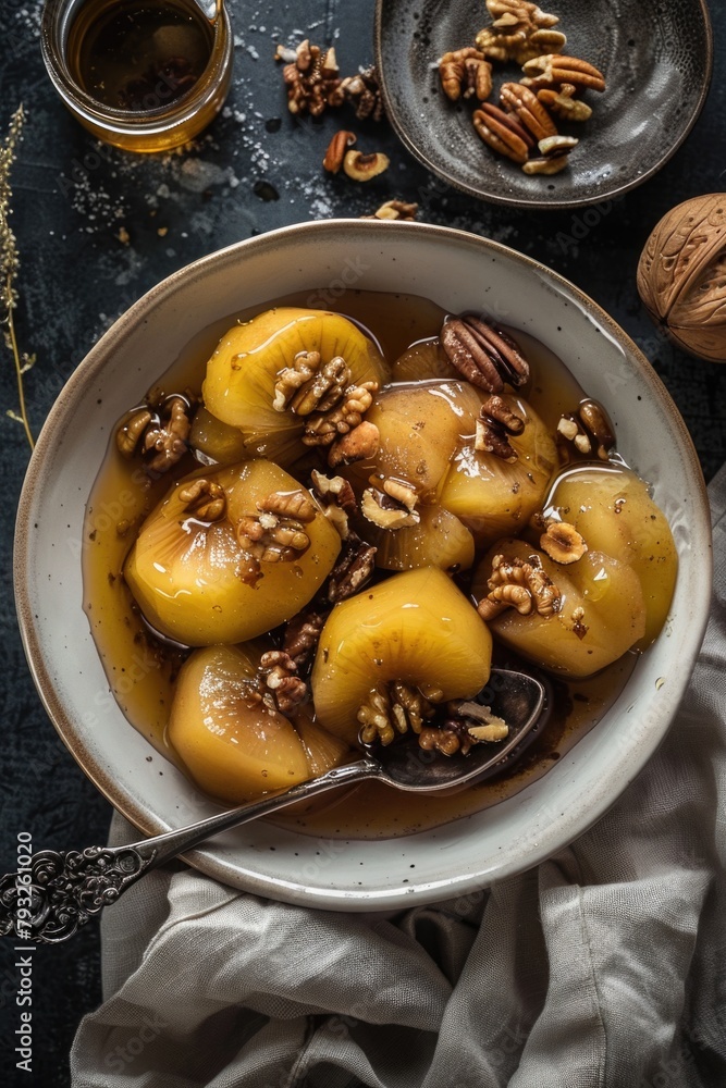 Aufkleber a bowl filled with apples and nuts on a table. great for food and nutrition concepts
