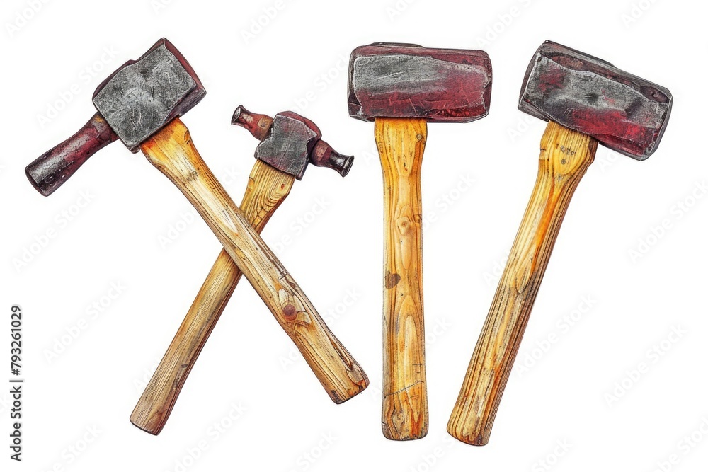 Poster Different types of hammers on a plain white background. Ideal for construction or DIY projects