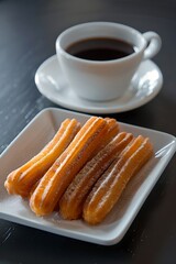 Churros on a white plate with coffee cup. Traditional Mexican food concept. Latin American cuisine. Design for menu, advertising, poster