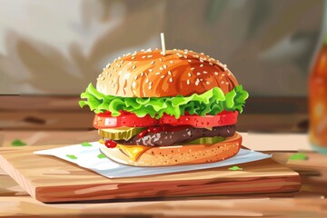 A realistic painting of a delicious hamburger on a wooden cutting board. Perfect for food and cooking related projects