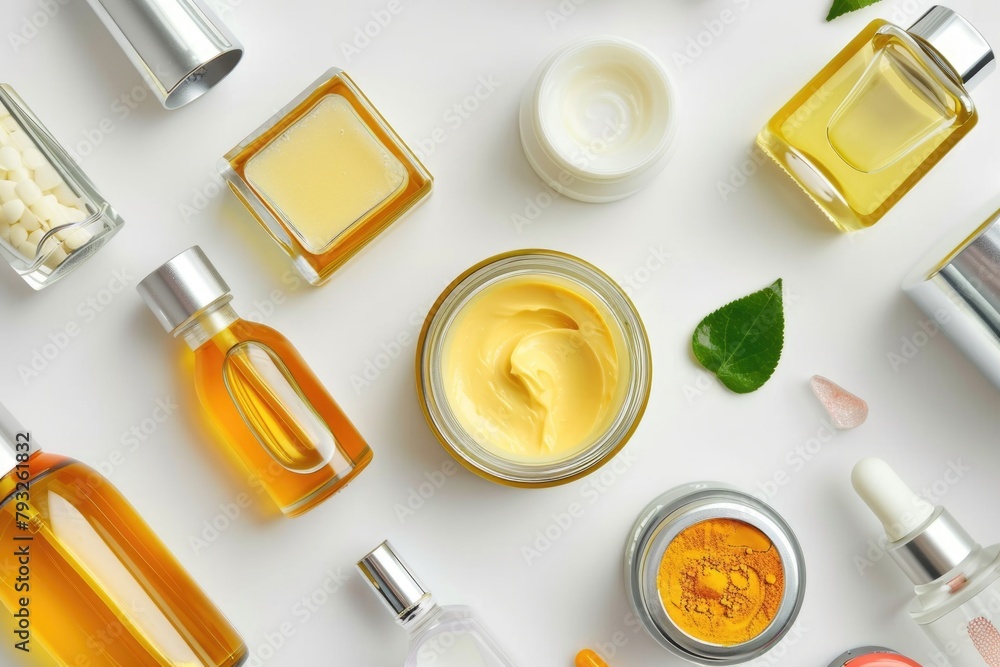 Poster Various skin care products displayed on a white table. Ideal for beauty and skincare product promotions