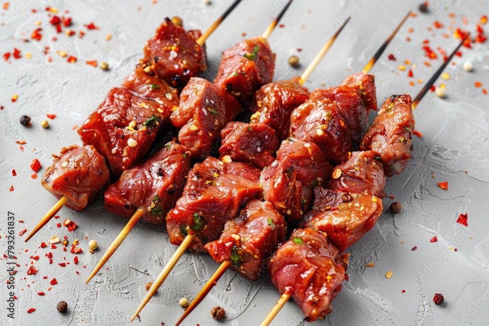 Poster various meat skewers neatly arranged on a table. perfect for food-related projects