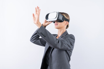 Smart business woman touching something while look though VR glass. Skilled project manager wearing...