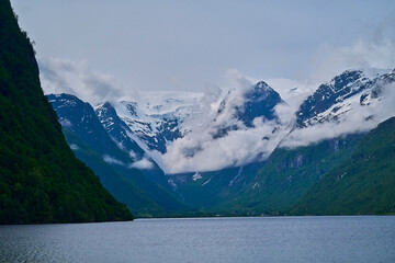Oldevatnet glacial lake in front of Briksdalsbren glacier.