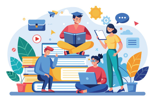 A diverse group of individuals sitting together, surrounded by a stack of books, engaging in a study session, people study online and gain knowledge, Simple and minimalist flat Vector Illustration