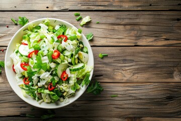 Fresh salad in a white bowl on a rustic wooden table, perfect for healthy eating concepts