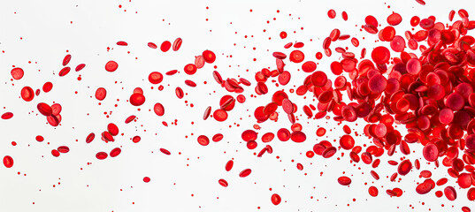 Red blood cells scattered the air on a white background. 