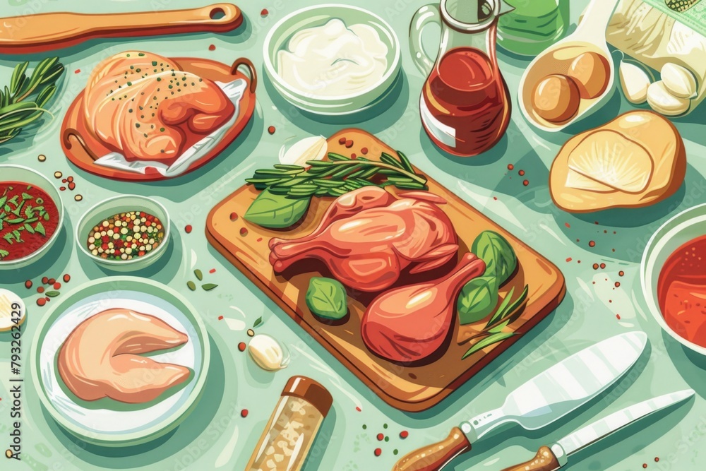 Poster A table filled with a diverse selection of food items. Suitable for food and dining concepts