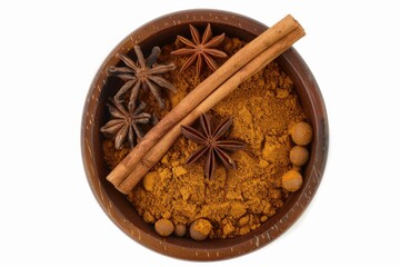 A wooden bowl filled with spices and anise. Perfect for culinary or health-related projects