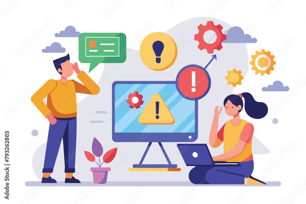 Poster a man and woman closely examining a computer screen displaying an error icon, people thinking with c