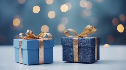 Blue gift box wrapped in paper on festive background with golden particles. Beautiful golden bow on the gift. Celebration concept. Holiday wallpaper. High quality photo