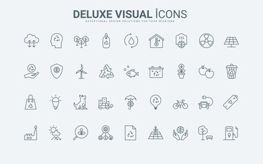 Green energy, recycle and alternative bio technology for industry, clean and care global ecology thin black and red outline symbols, vector illustration. Environment protection line icons set.