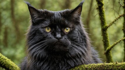 En gros plan, un chat noir angora se détend gracieusement sur une branche, sa fourrure lustrée captant la lumière du soleil, ses yeux émeraude exprimant une tranquillité élégante dans la nature.