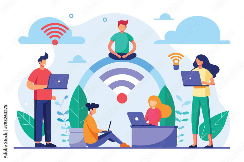 Aufkleber diverse group of individuals actively working on laptops while connected to a wifi network, people u