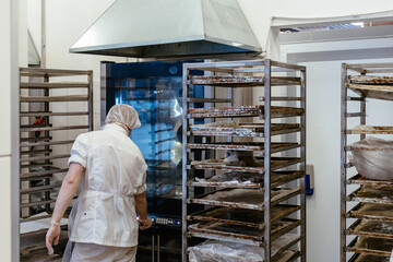 Craft bakery manufacturing. Baker puts bread into oven for baking