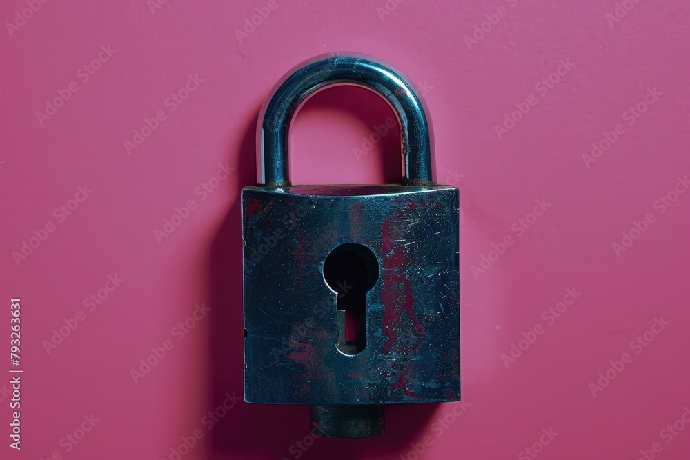 Poster a padlock hanging on a pink wall, with a keyhole. suitable for security concepts